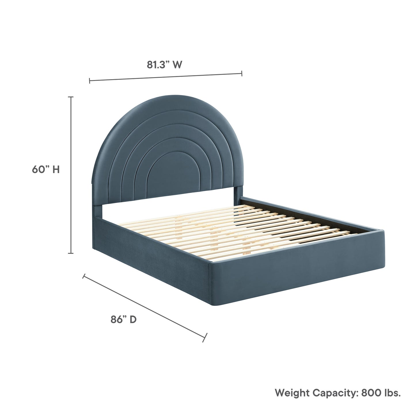 Dark blue bed frame with a tall arched, concentric headboard and light wood slat foundation; modern platform bed.