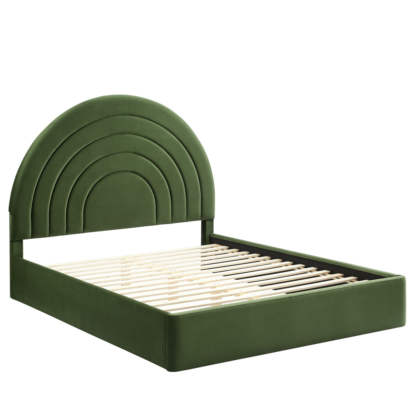 Olive green upholstered bed frame with concentric arch headboard and slatted base.