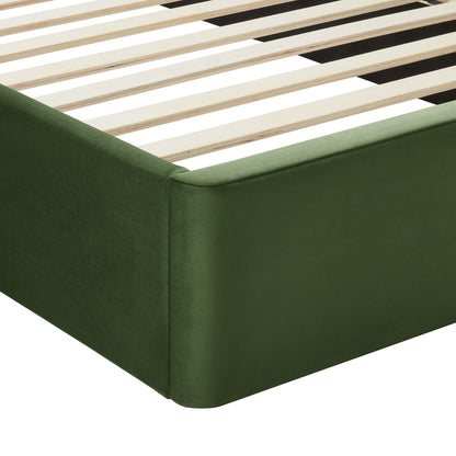 Olive green upholstered arched king-size platform bed frame with wooden slats.