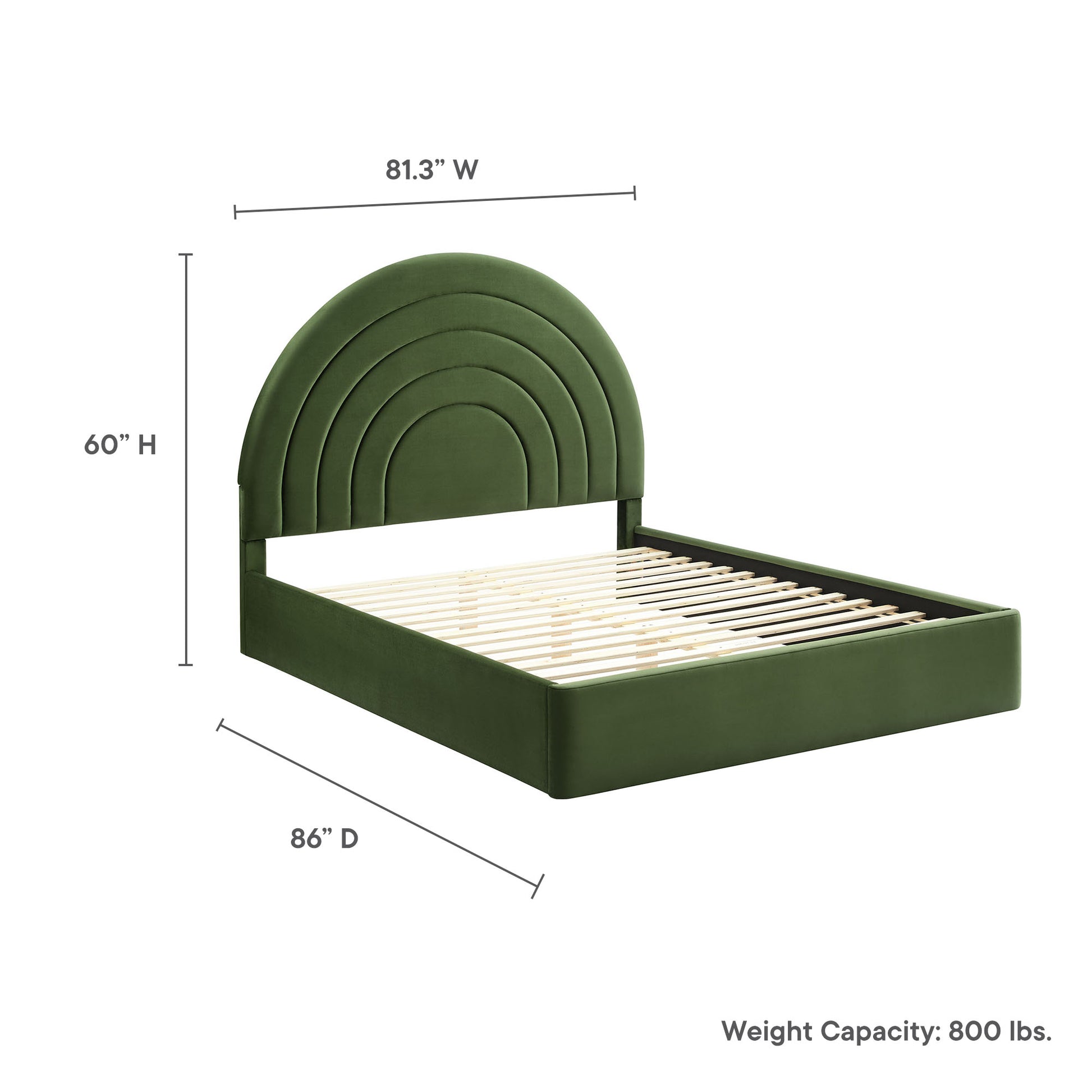 Green upholstered platform bed with layered arc headboard and wooden slat base for mattress support.