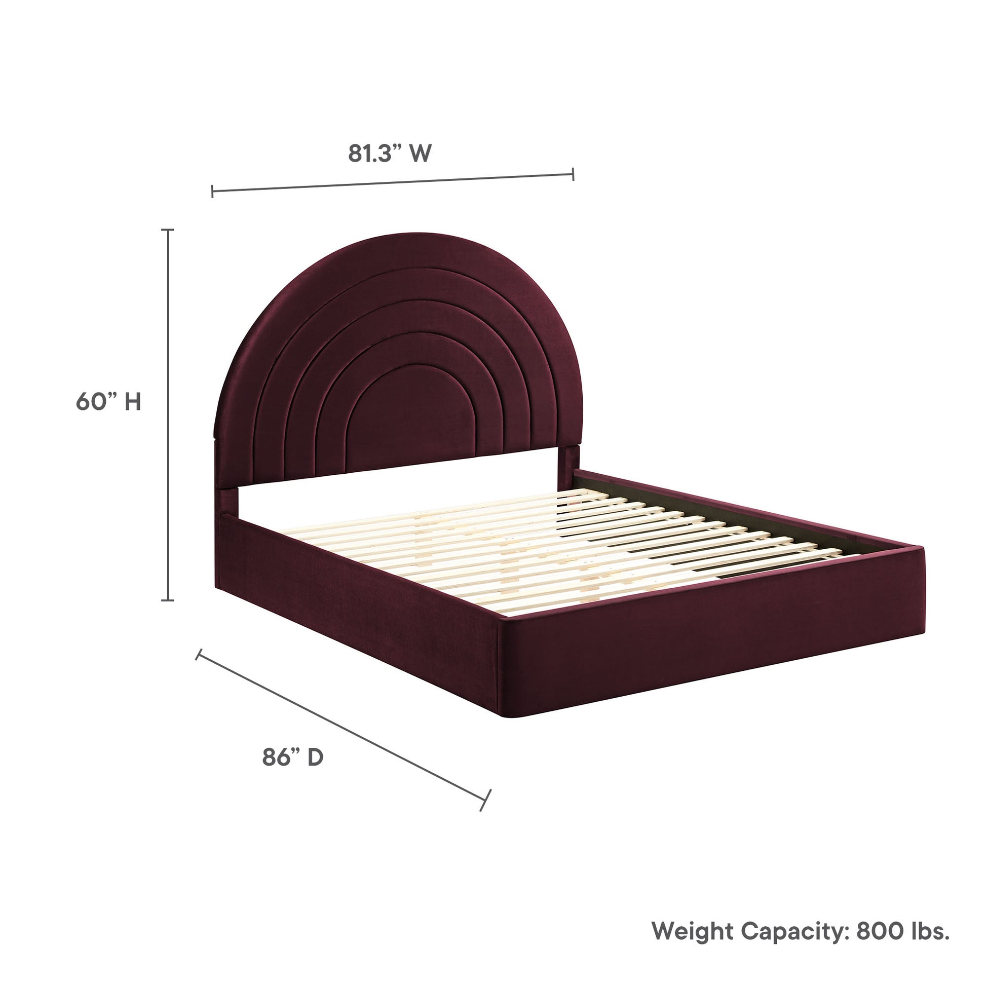 Purple velvet upholstered king platform bed with curved arched headboard featuring concentric arches and a slatted foundation.