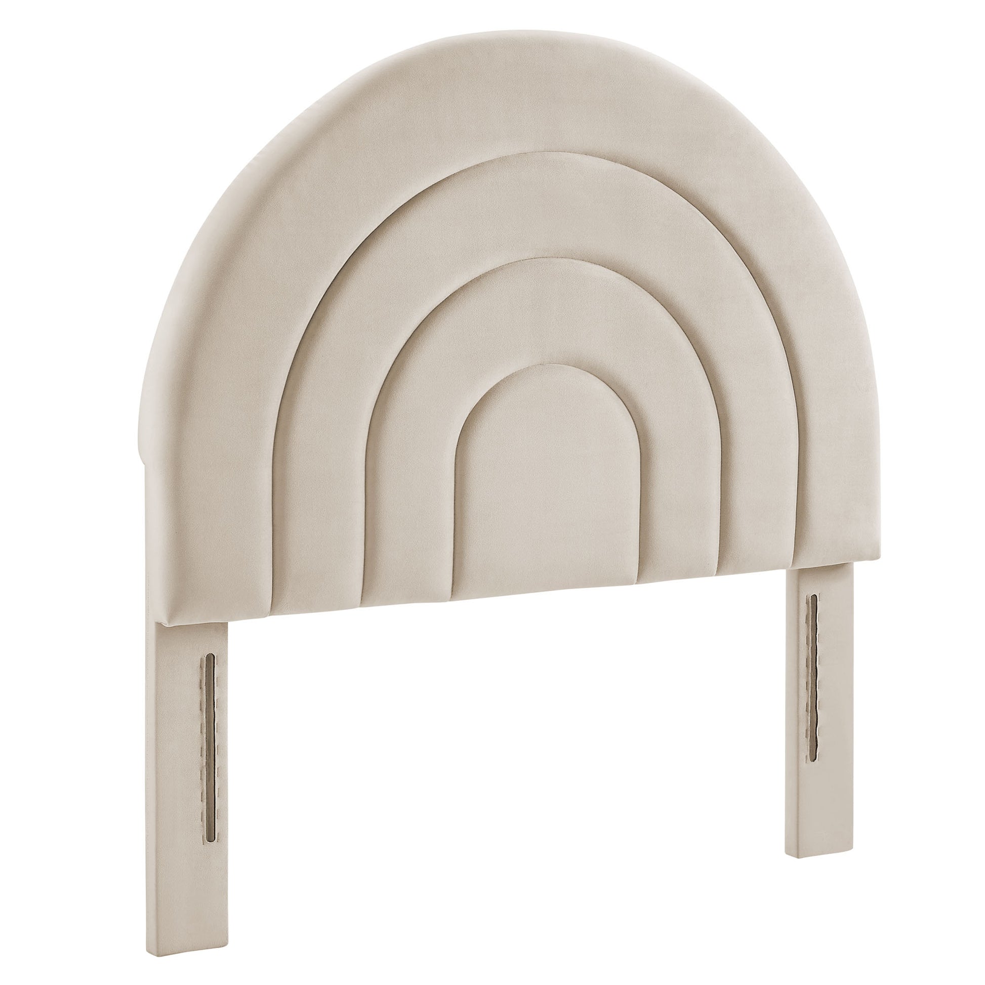 Oatmeal velvet twin headboard with nested rainbow arches, mounts to bed rails.