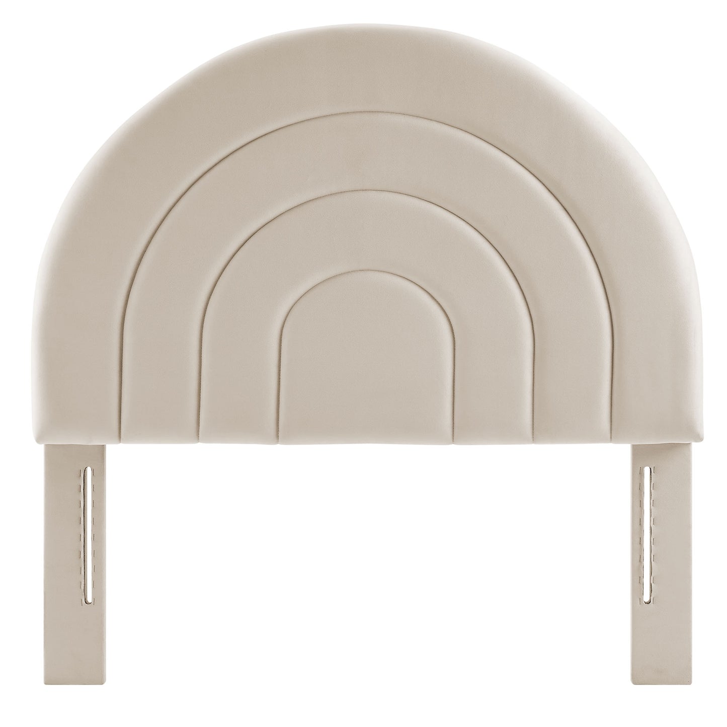 Beige oatmeal velvet twin arched headboard with stacked arch design and mounting brackets.