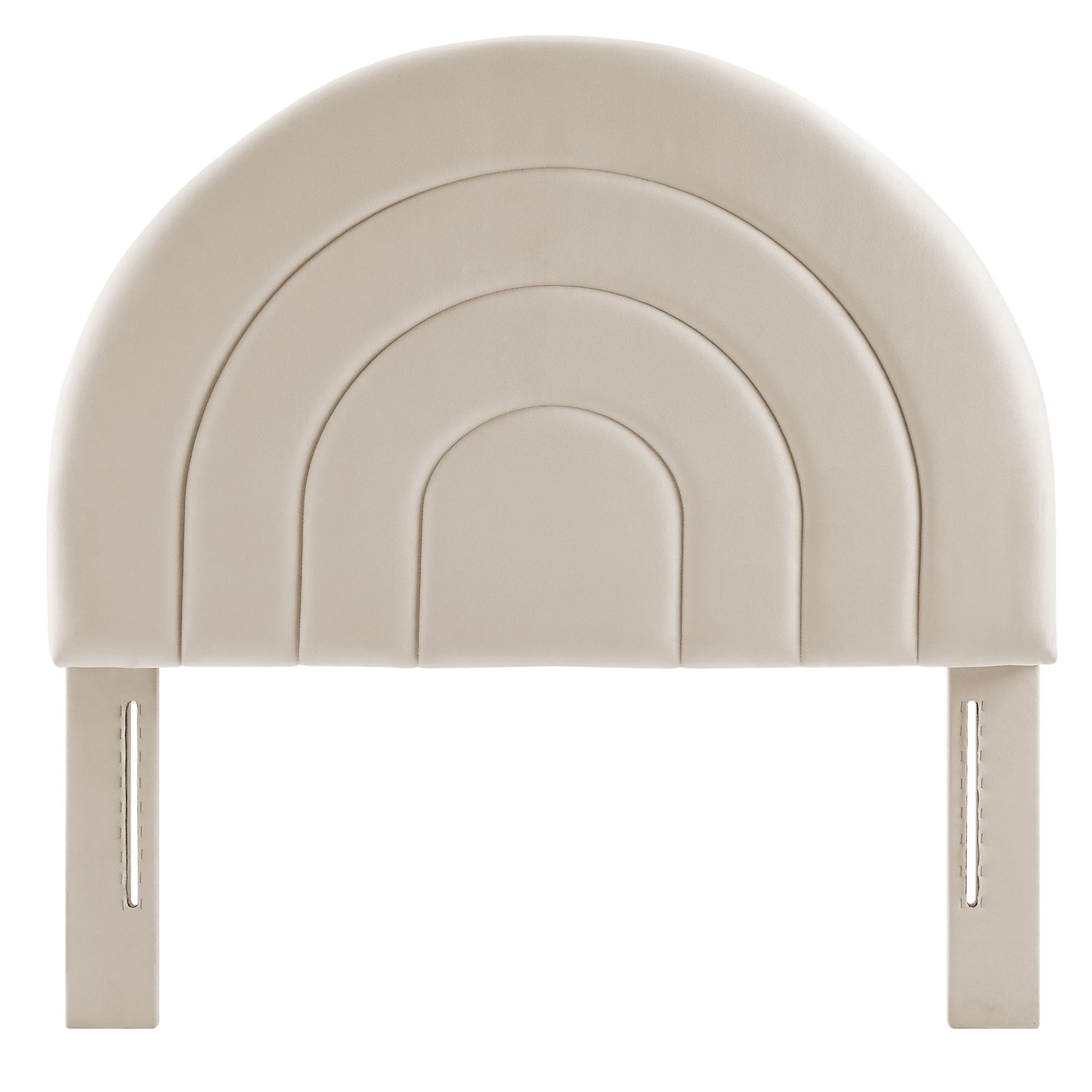 Beige oatmeal velvet twin arched headboard with stacked arch design and mounting brackets.