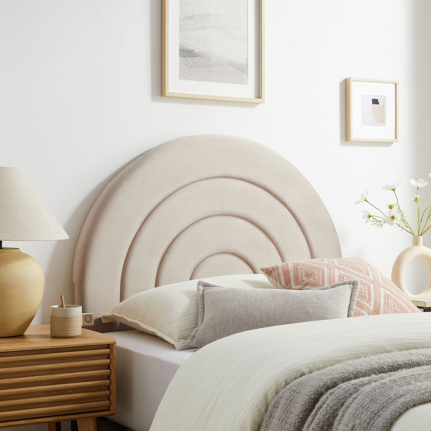 Oatmeal beige upholstered arched twin headboard