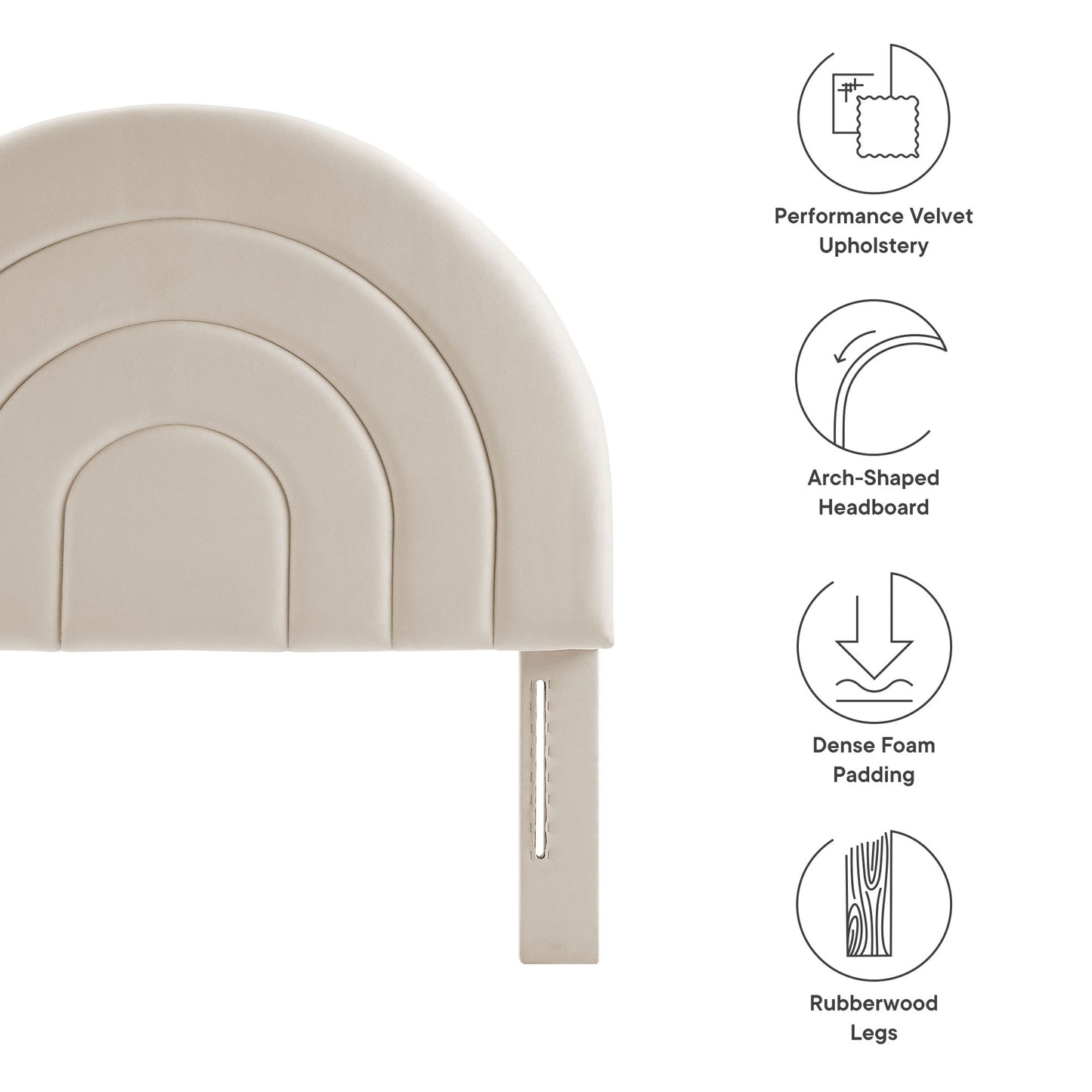 Oatmeal velvet twin arched headboard with concentric curves and rubberwood legs.