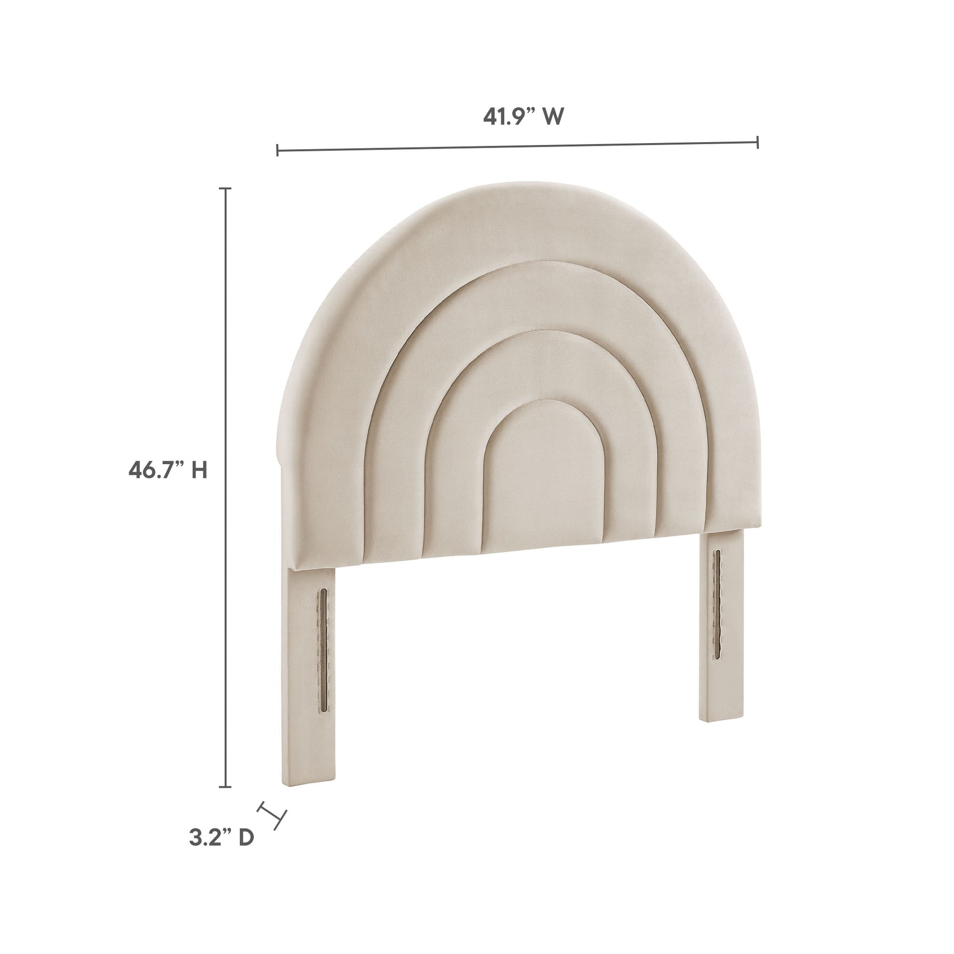 Beige almond fabric arched headboard panel with nested rainbow arches and two legs, modern boho decor.