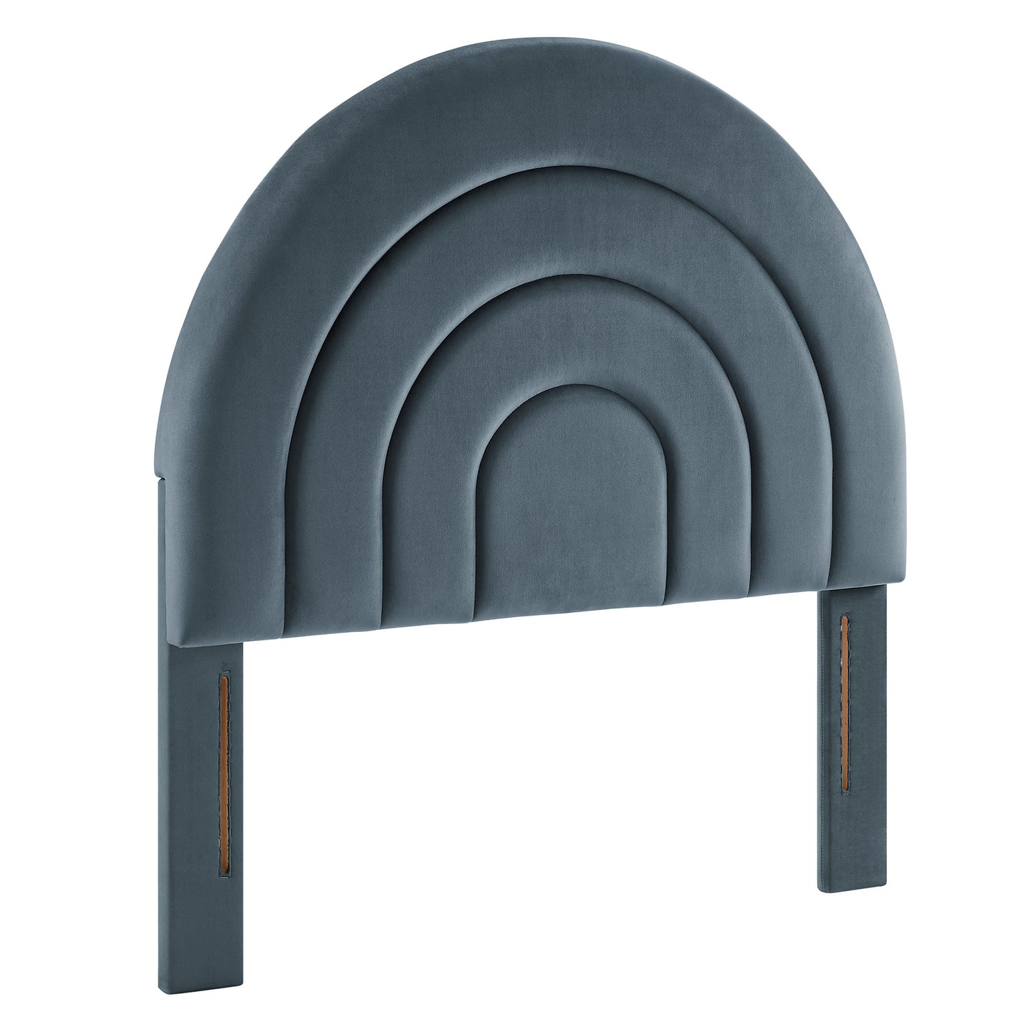 Blue velvet upholstered arched headboard with padded concentric curves and built-in legs, modern glam bed accessory.
