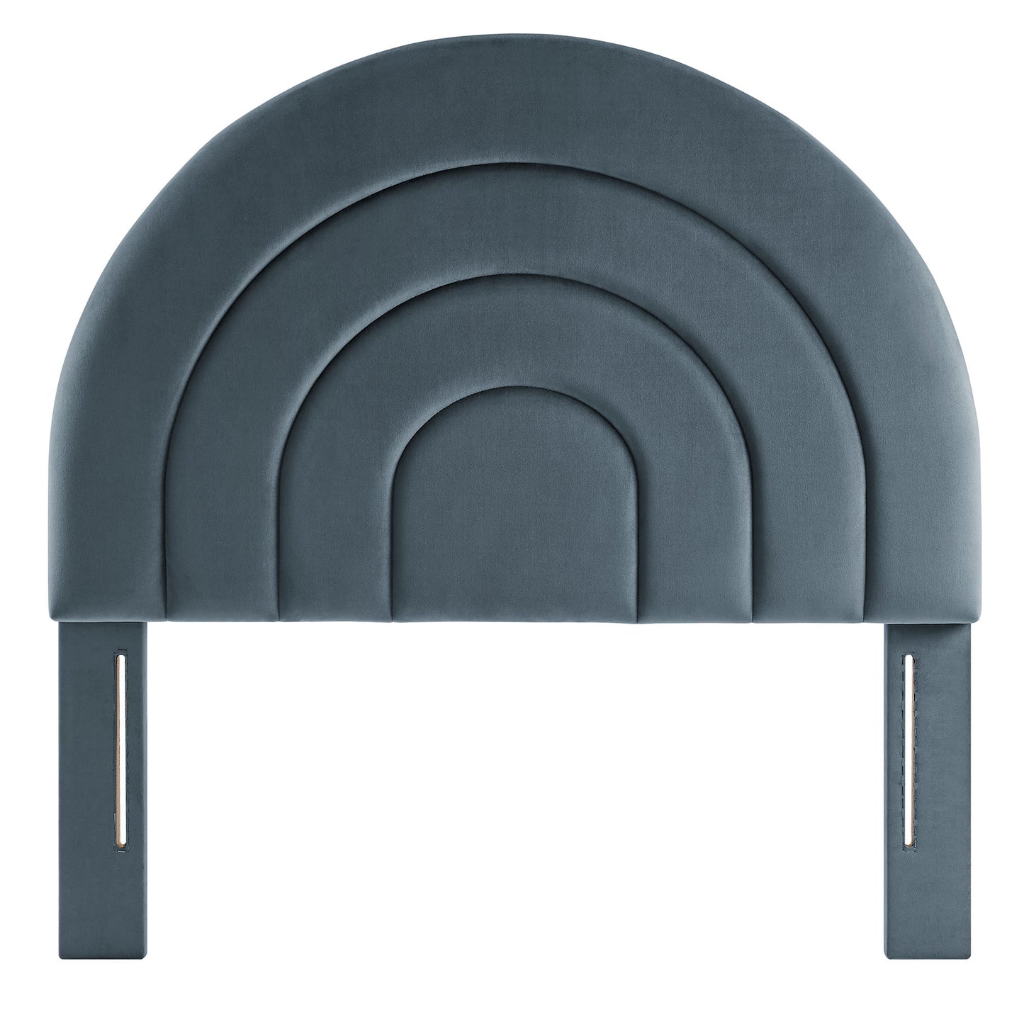 Blue padded arched headboard with concentric semicircles and metal mounting brackets.