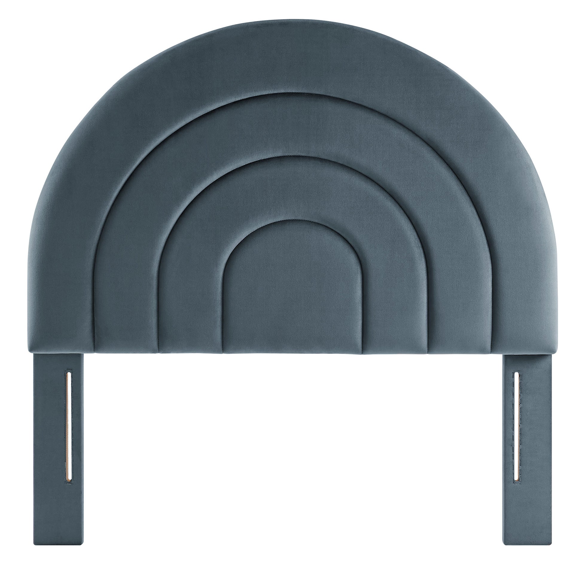 Blue padded arched headboard with concentric semicircles and metal mounting brackets.