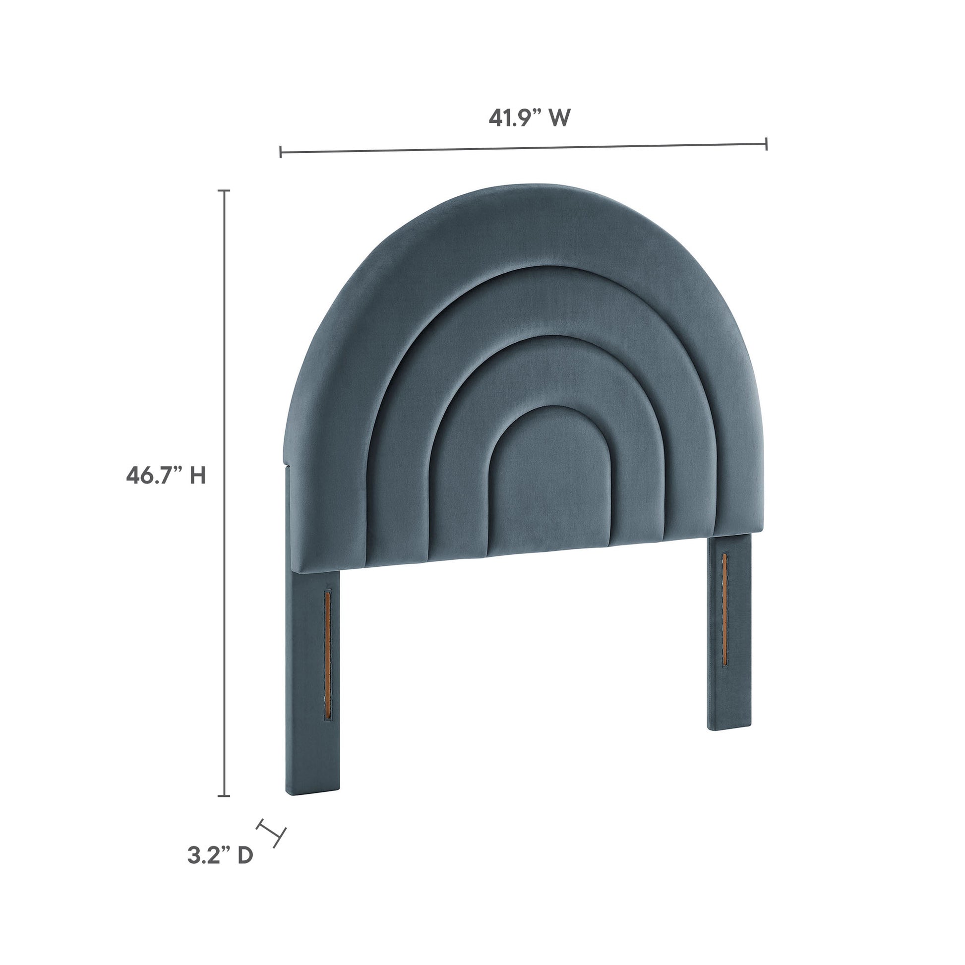Blue-gray arched rainbow cabinet panel with nested curved layers and slim legs; decorative statement cabinet.