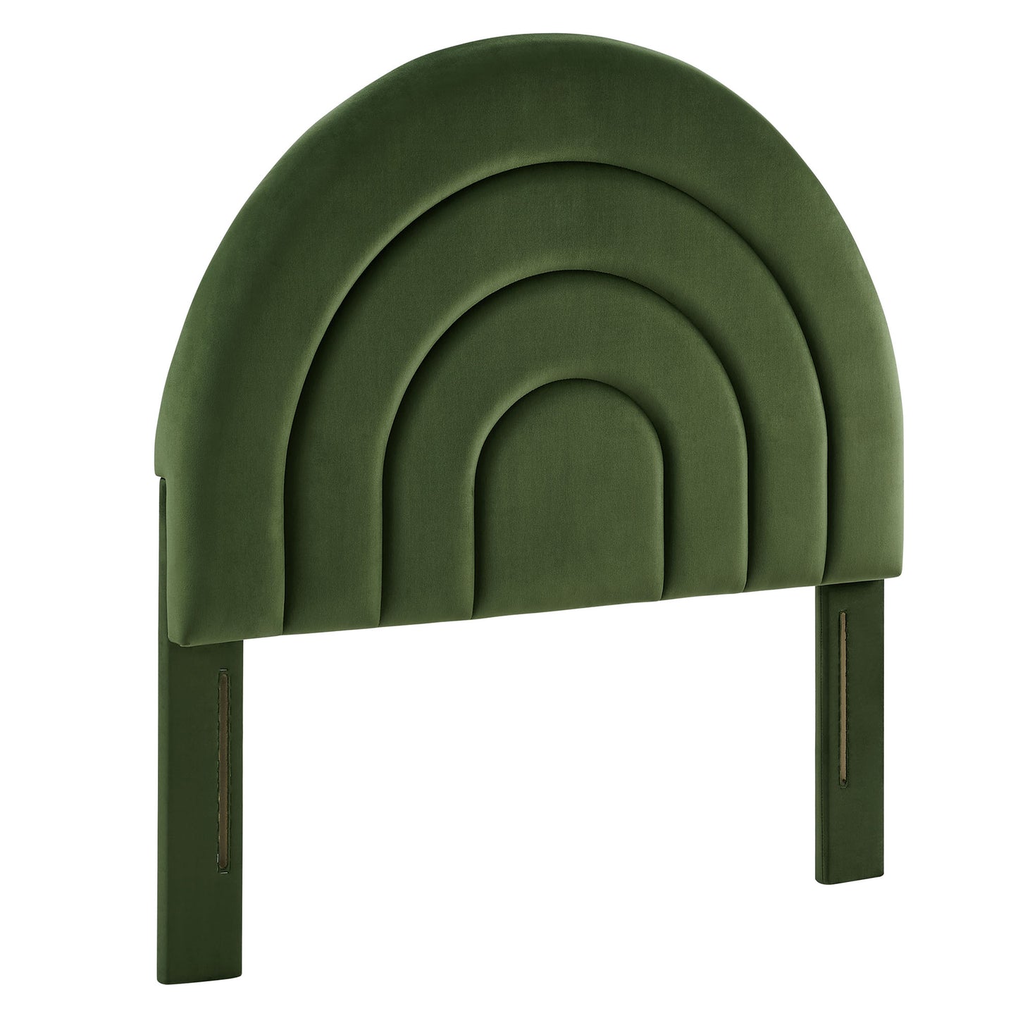 Emerald green velvet upholstered rainbow-arch headboard with layered arches and leg supports.
