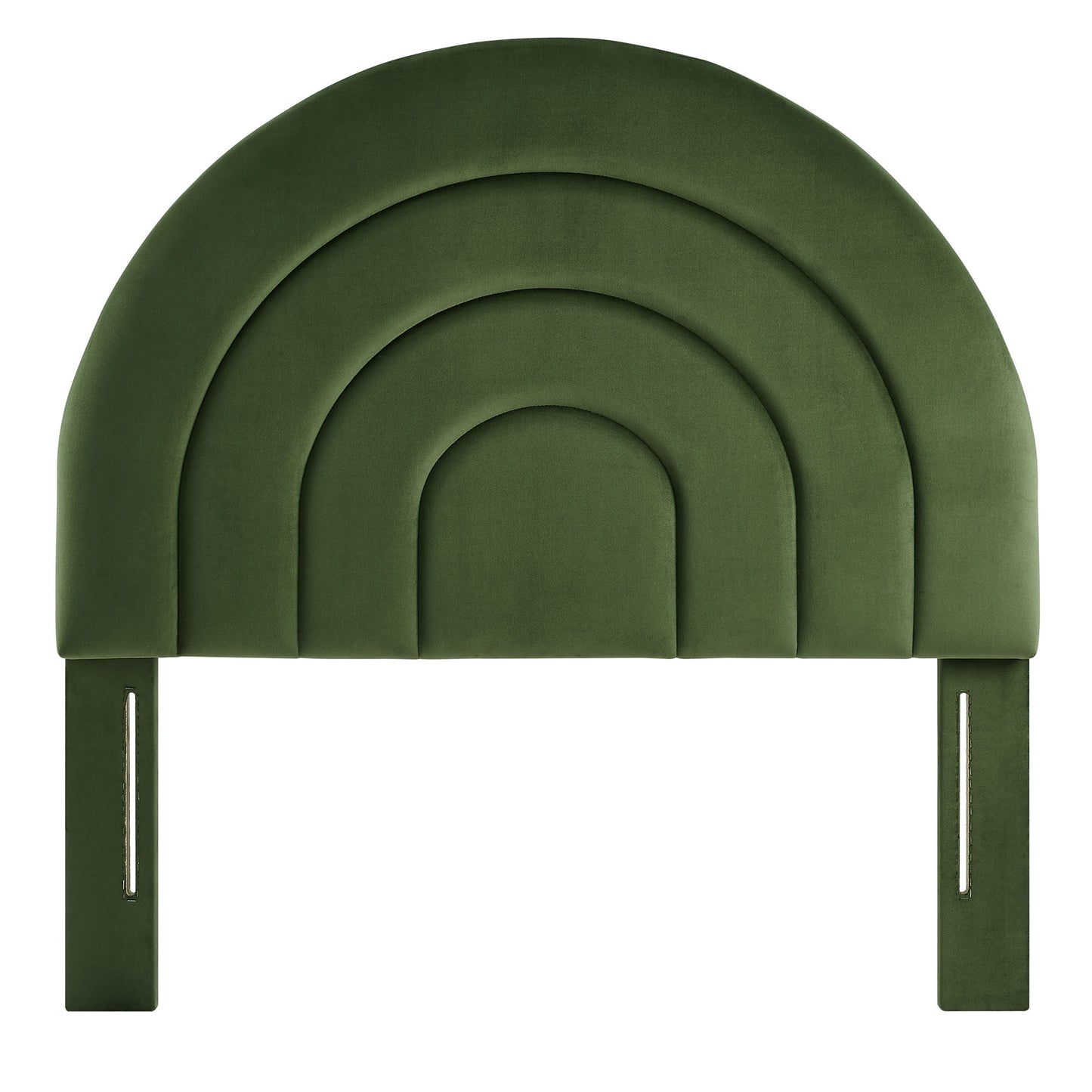 Dark green velvet upholstered arched headboard with nested semicircular panels and mounting posts.