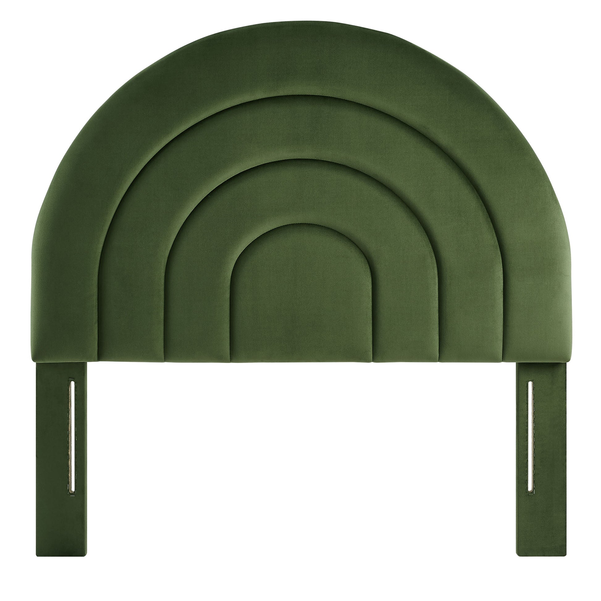 Dark green velvet upholstered arched headboard with nested semicircular panels and mounting posts.