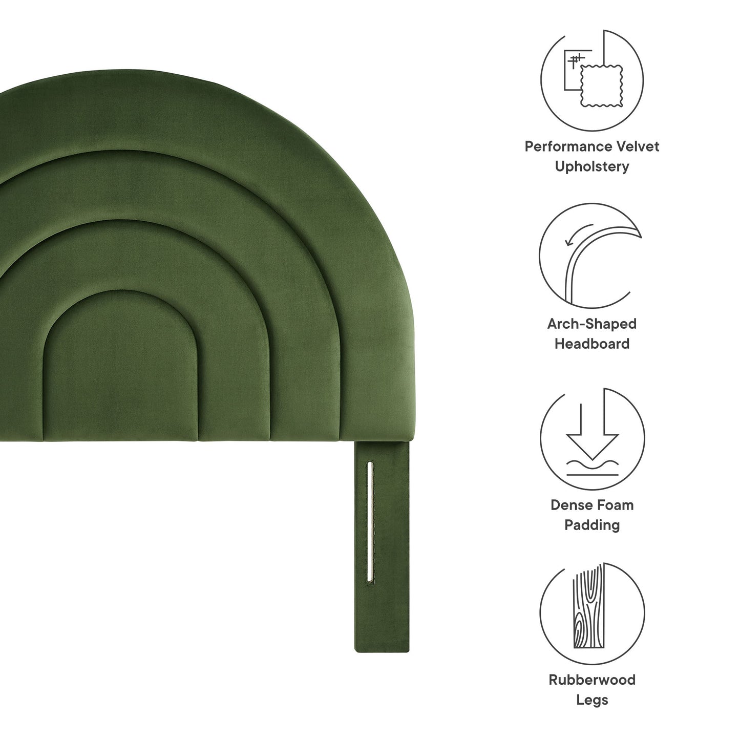 Olive-green velvet upholstered arch-shaped headboard with nested semicircular panels, dense foam padding, & rubberwood legs.