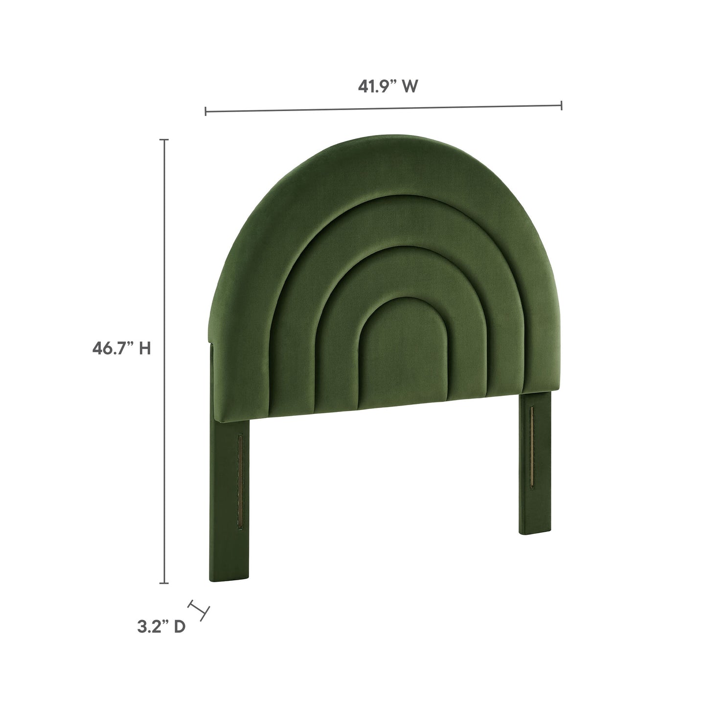 Olive green velvet rainbow arch headboard with nested arches and two legs, modern bed accessory, 41.9W x 46.7H x 3.2D.