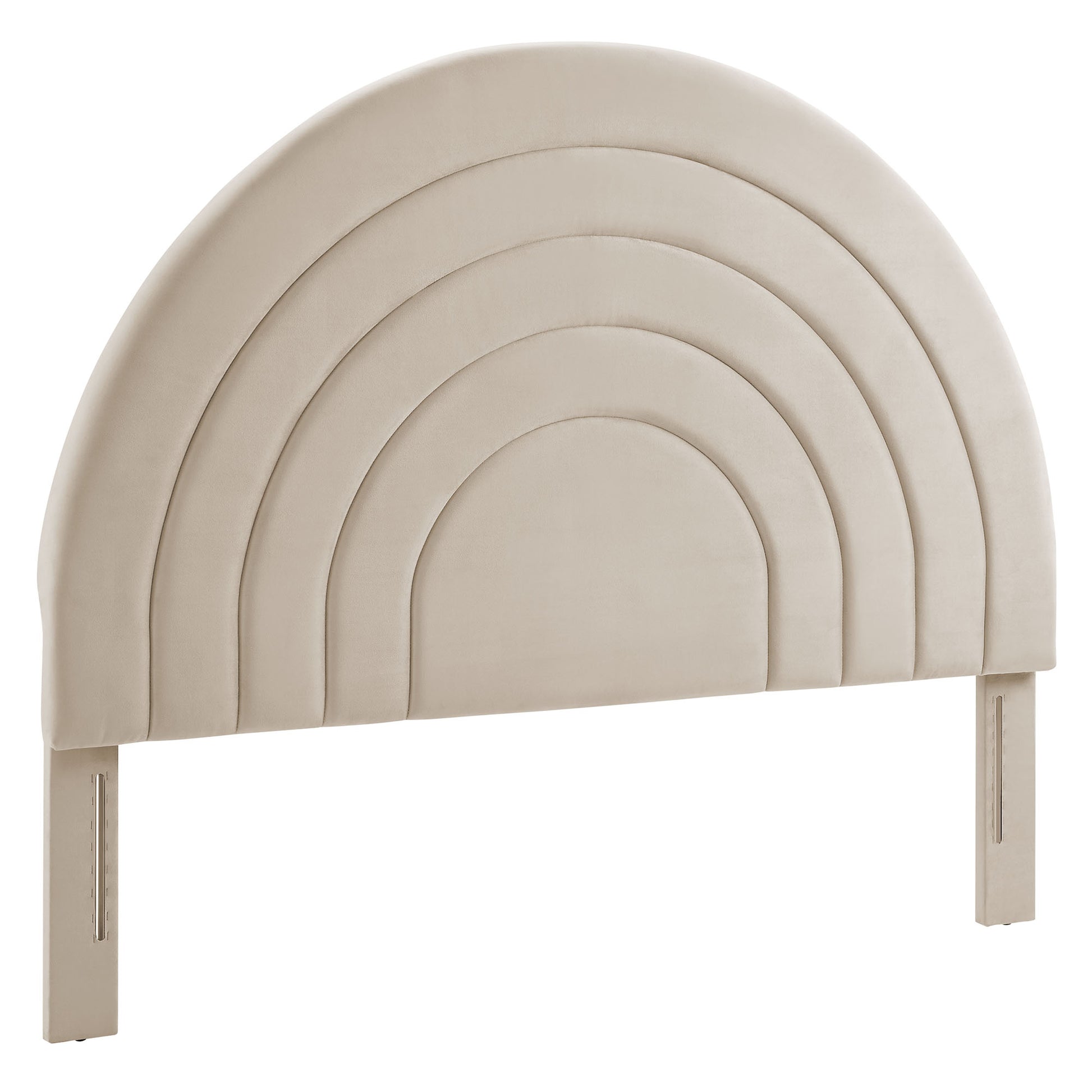Beige upholstered fabric headboard with a layered arch rainbow design and metal mounting posts.