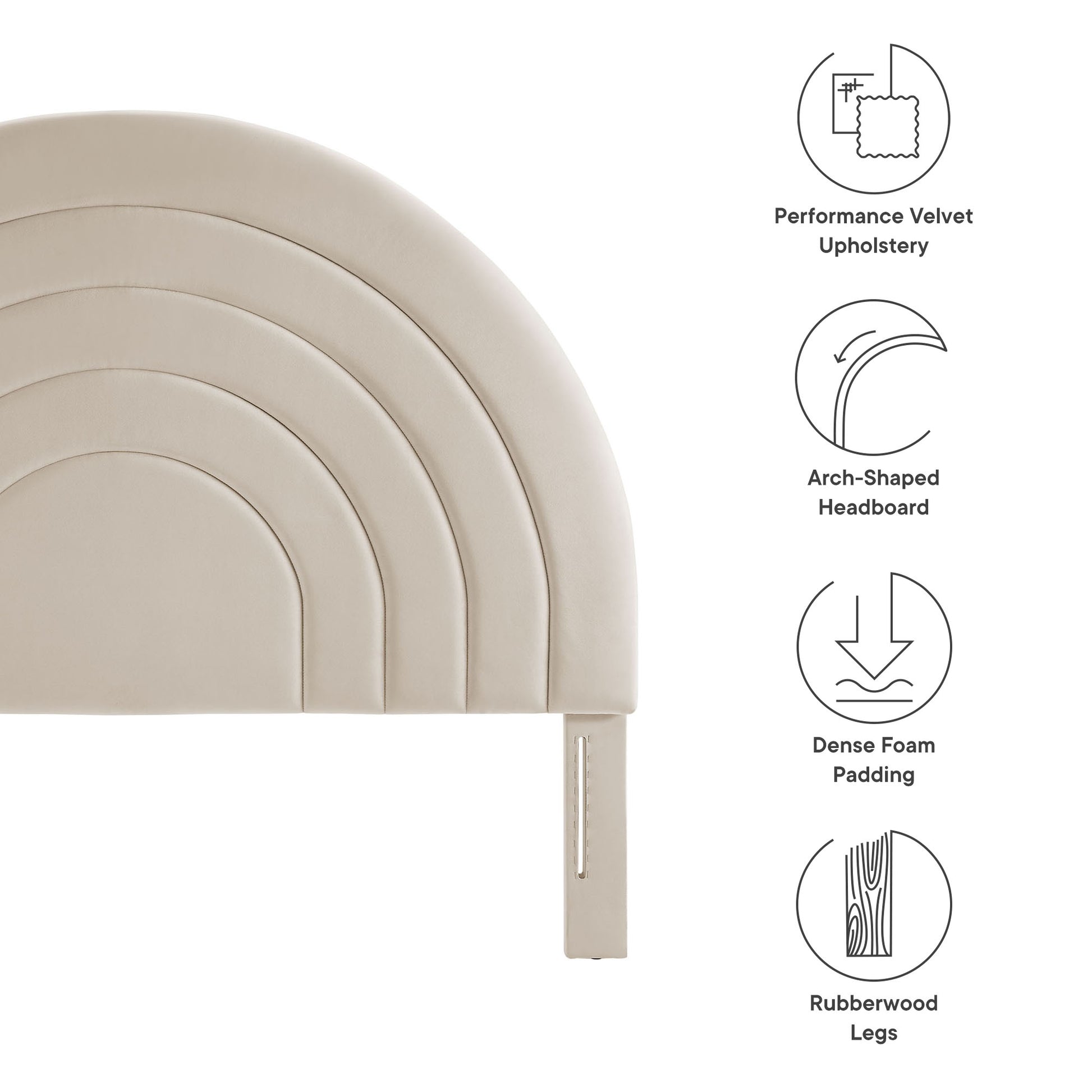 Beige arch-shaped upholstered headboard with stacked rounded panels, velvet fabric, dense foam padding, rubberwood legs.