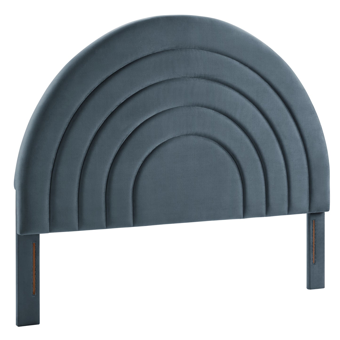Blue velvet upholstered arched headboard with stacked curved panels and attached legs.