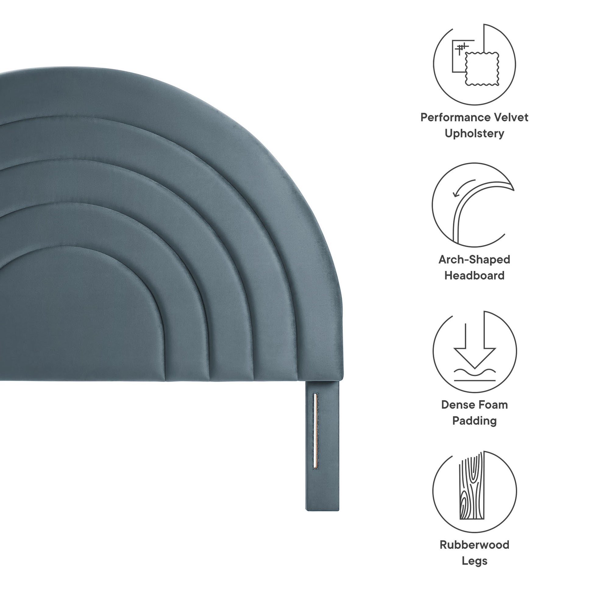 Blue-gray arch-shaped velvet headboard with stacked crescent panels and a slim rubberwood leg.
