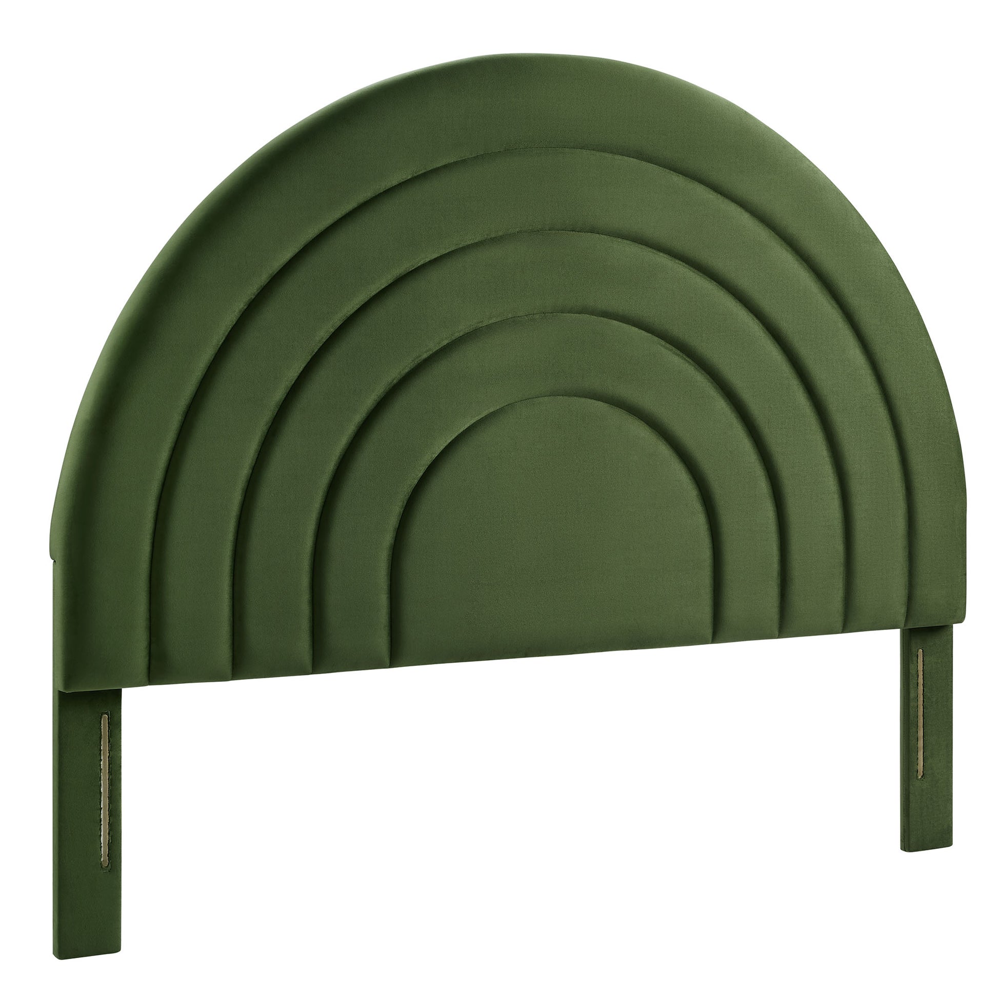 Olive green arched velvet full headboard with padded upholstery and mounting brackets.