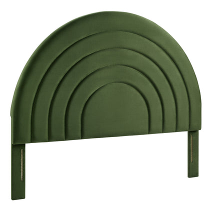 Olive green arched velvet full headboard with padded upholstery and mounting brackets.