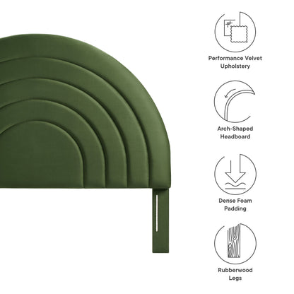 Green velvet arched headboard with concentric curved panels and dense foam padding.