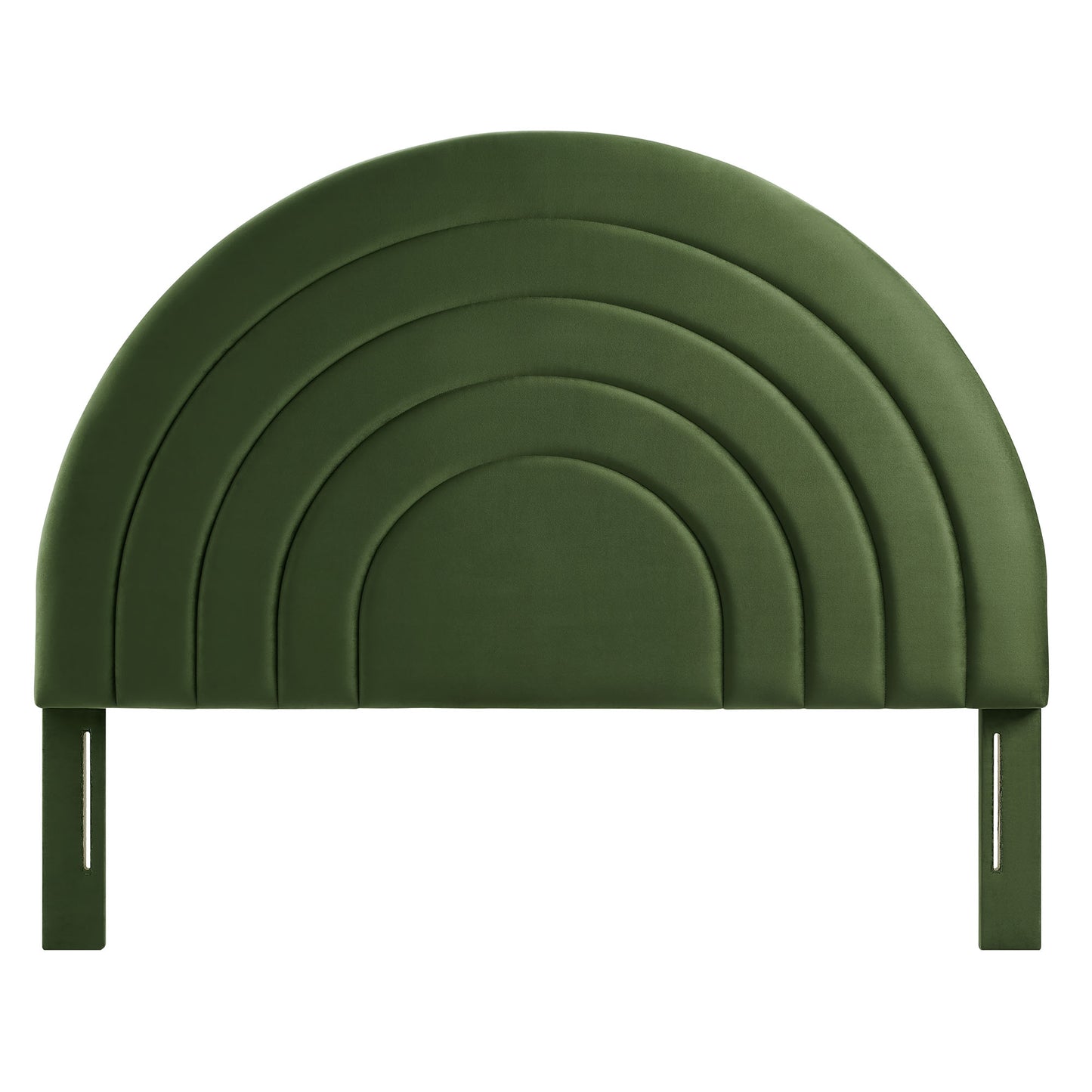 Dark green layered arched velvet headboard with nested semicircular arches and side mounting brackets.