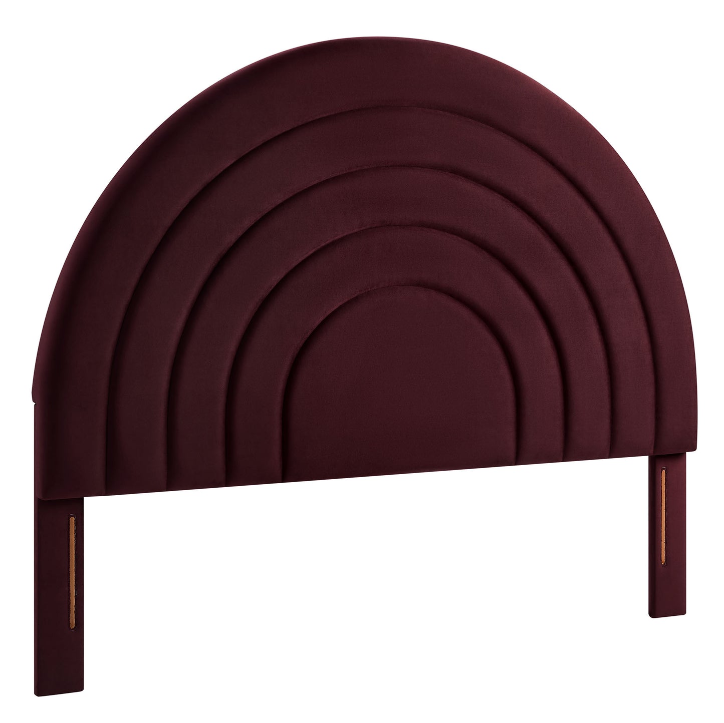 Burgundy velvet arched headboard with concentric nested arches and wood posts with brass accents.