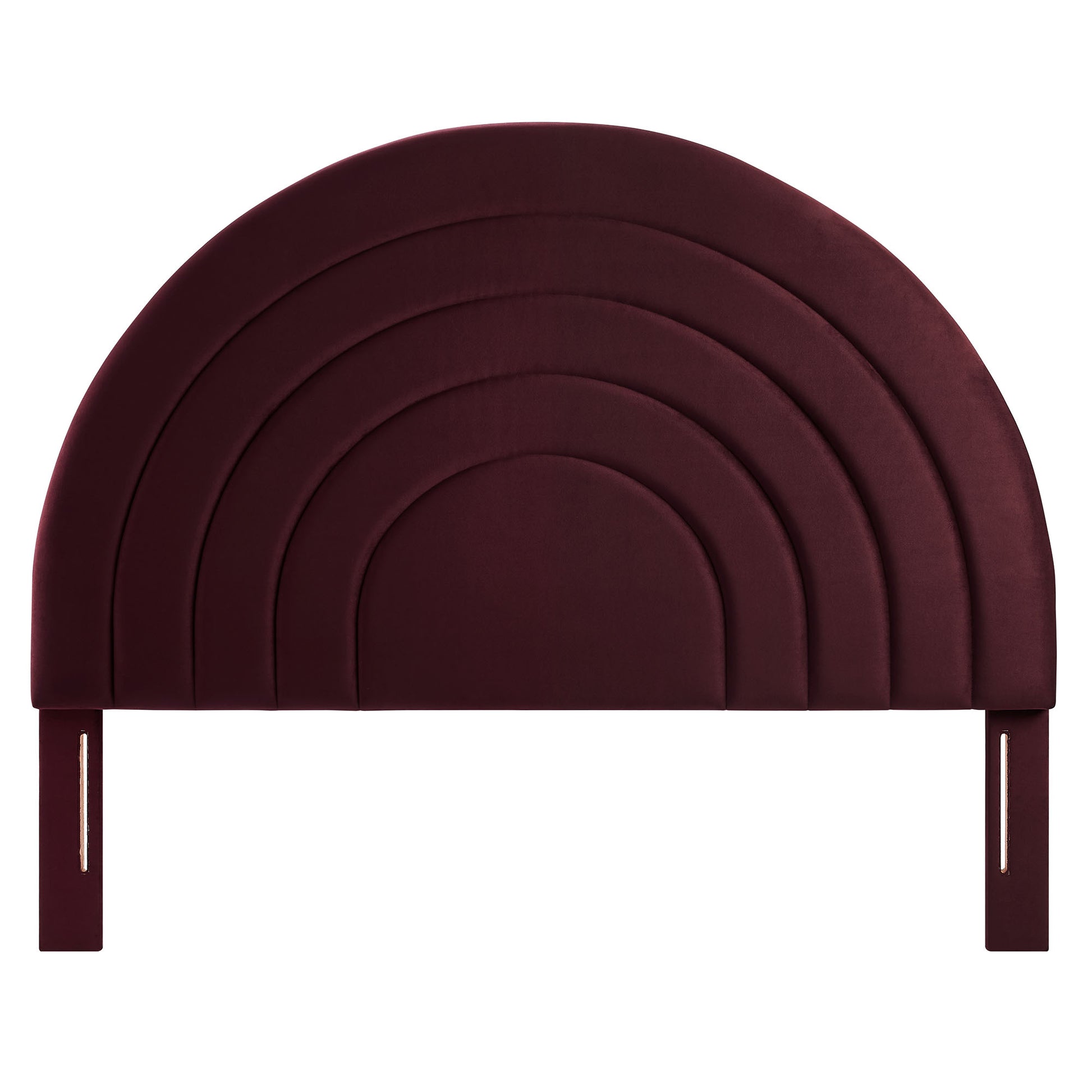 Burgundy velvet arched headboard with concentric layered semicircles and mounting brackets.