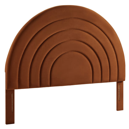 Brown velvet arched headboard with stacked arches and wooden mounting posts.