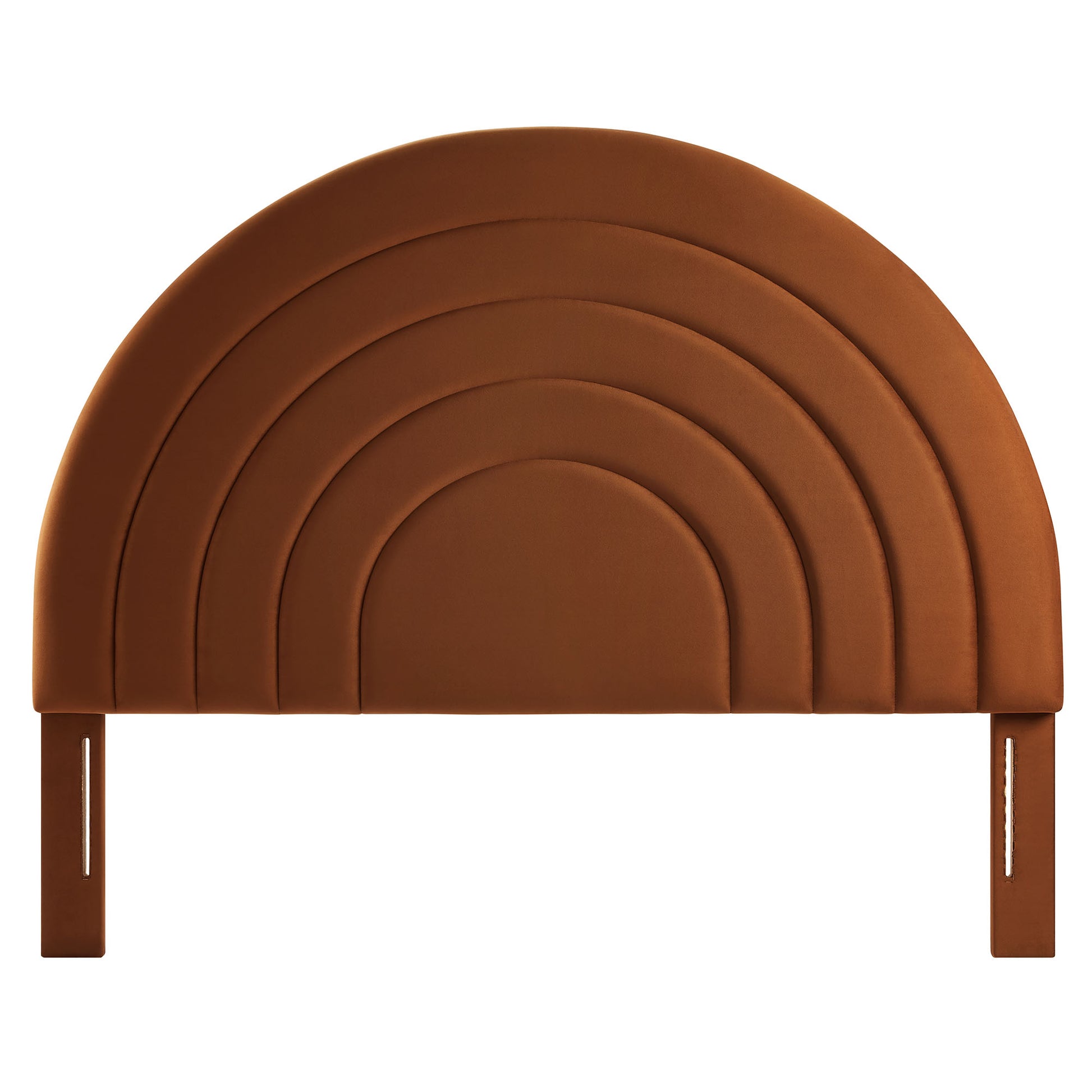 Brown padded arched headboard with velvet upholstery and side mounting legs.