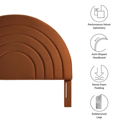 Brown arch-shaped, layered headboard with performance velvet upholstery, dense foam padding & rubberwood legs.