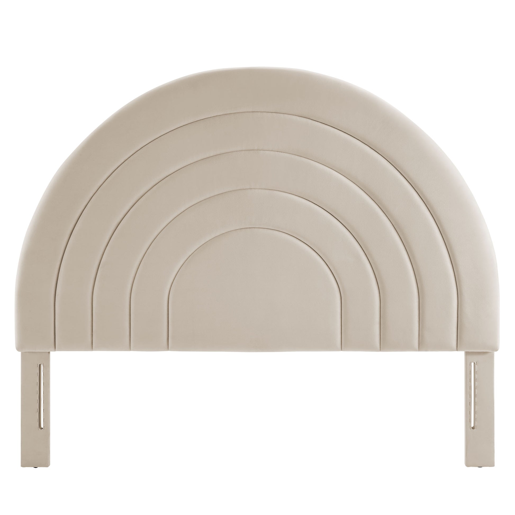 Beige upholstered arch headboard with nested rainbow curves and metal side legs.