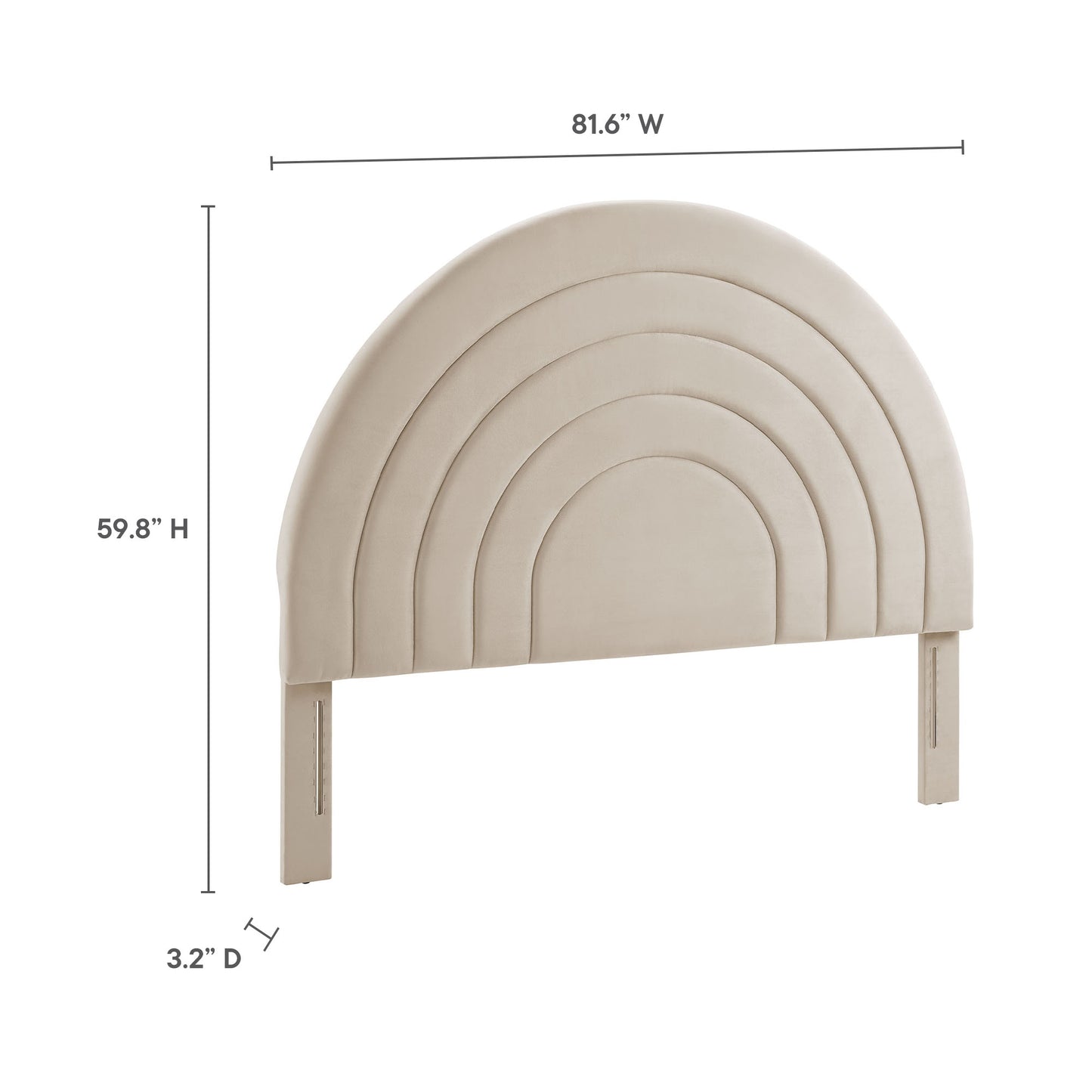 Beige oatmeal-tone upholstered arch headboard with concentric rounded panels and wooden legs, 81.6 inches wide.