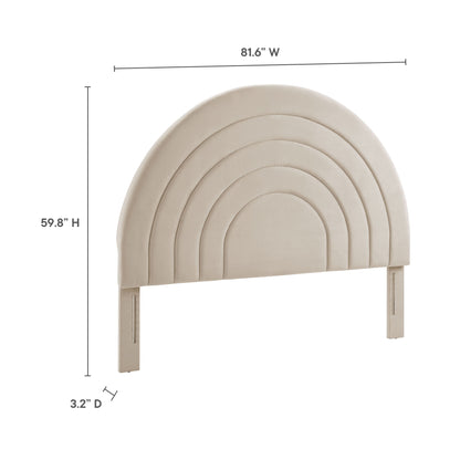 Beige oatmeal-tone upholstered arch headboard with concentric rounded panels and wooden legs, 81.6 inches wide.