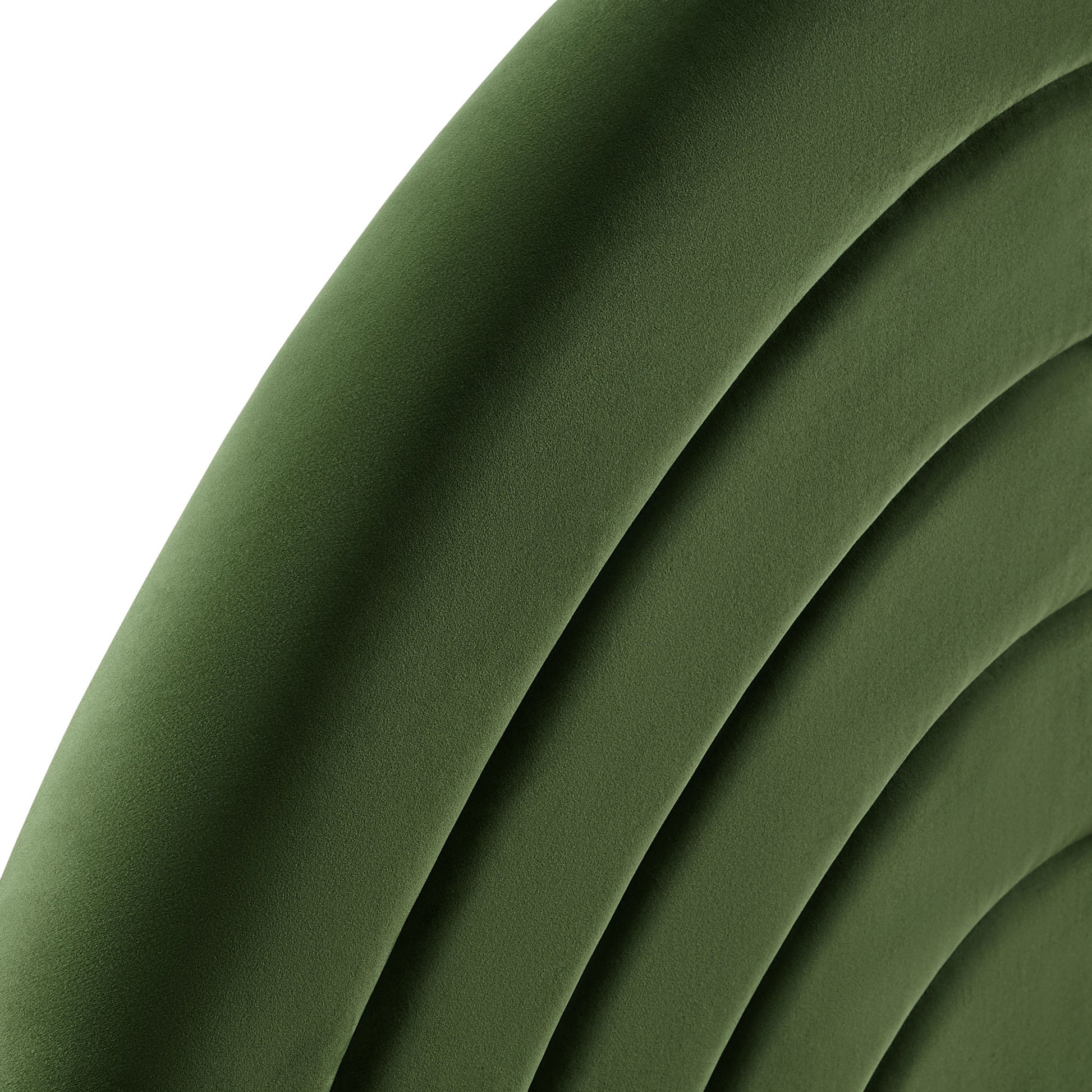 Olive green velvet king headboard with arched, padded, segmented upholstery.