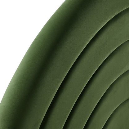 Olive green velvet king headboard with arched, padded, segmented upholstery.
