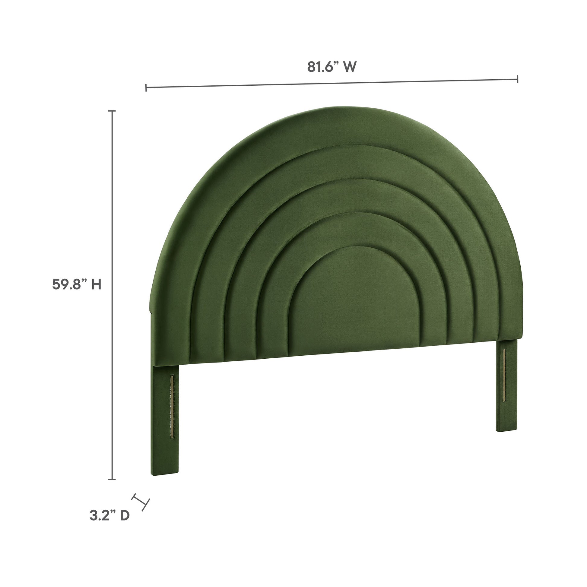 Olive-green curved rainbow king headboard with concentric arches and two legs, mid-century modern bedroom piece.