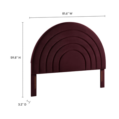 Burgundy velvet arched headboard with concentric inset arches; two legs; 81.6"W x 59.8"H x 3.2"D.