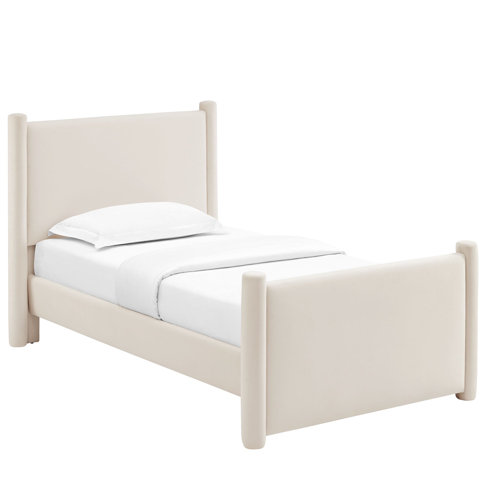 Cream upholstered twin platform bed with a tall headboard, rounded posts, white bedding.