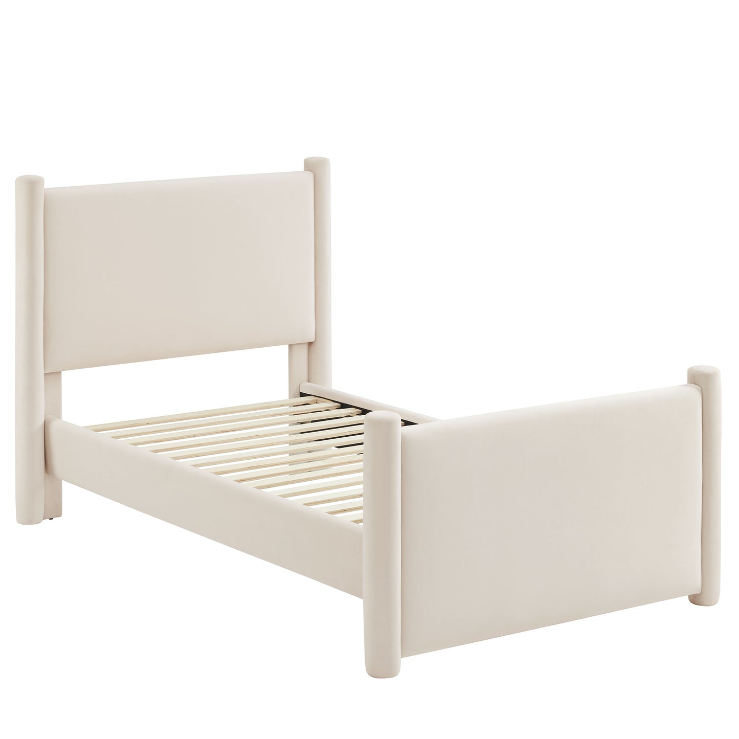 Ivory twin platform bed with a tall headboard, footboard and slatted base.