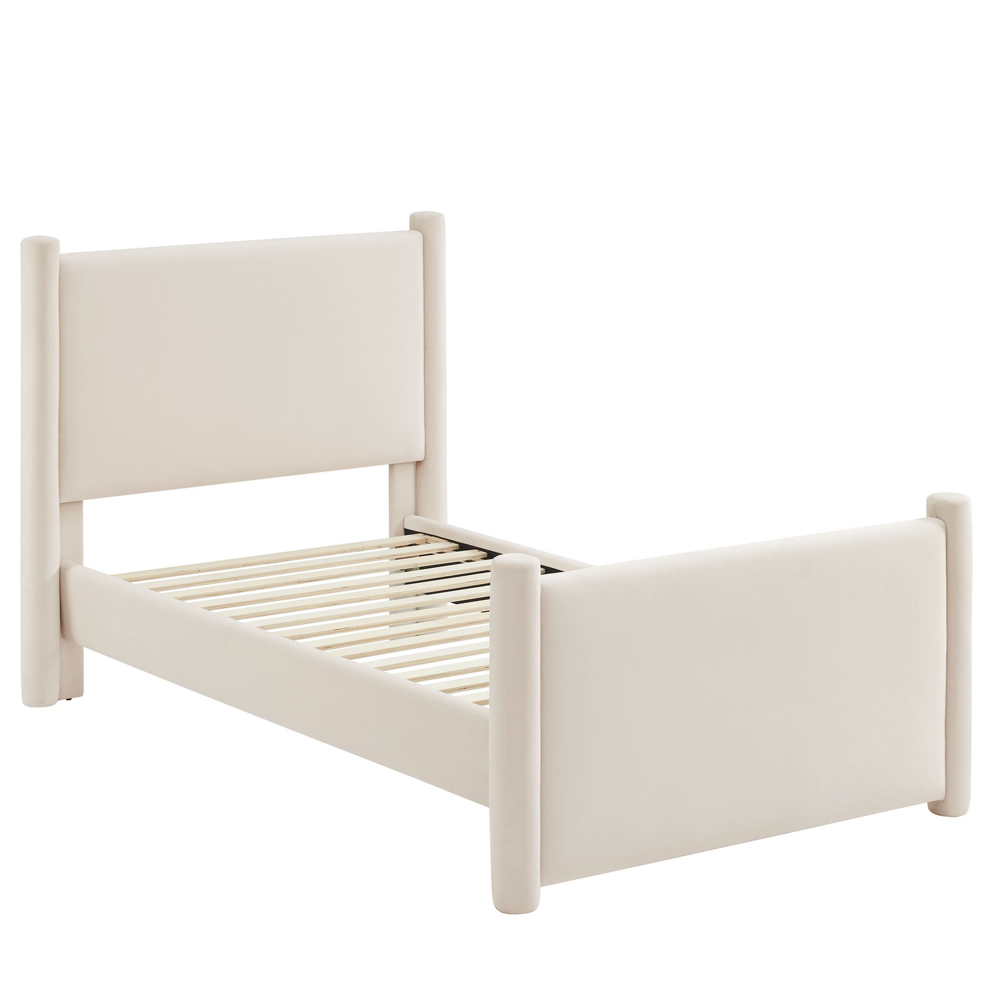 Ivory twin platform bed with a tall headboard, footboard and slatted base.