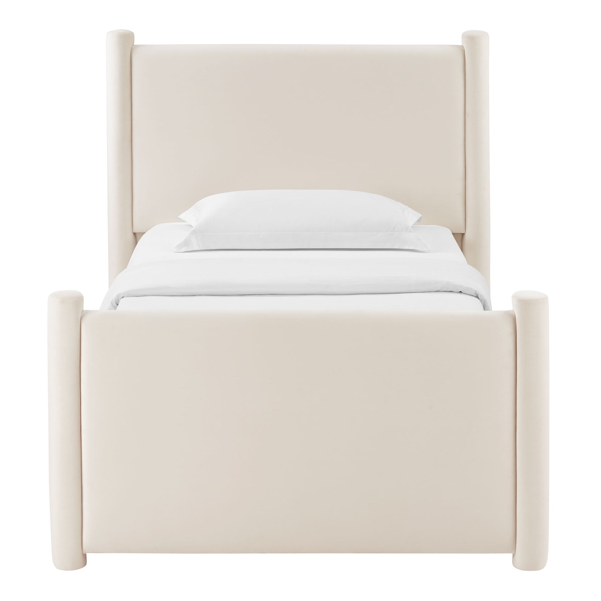 Cream upholstered platform bed with tall headboard and rounded padded posts; modern minimalist style.