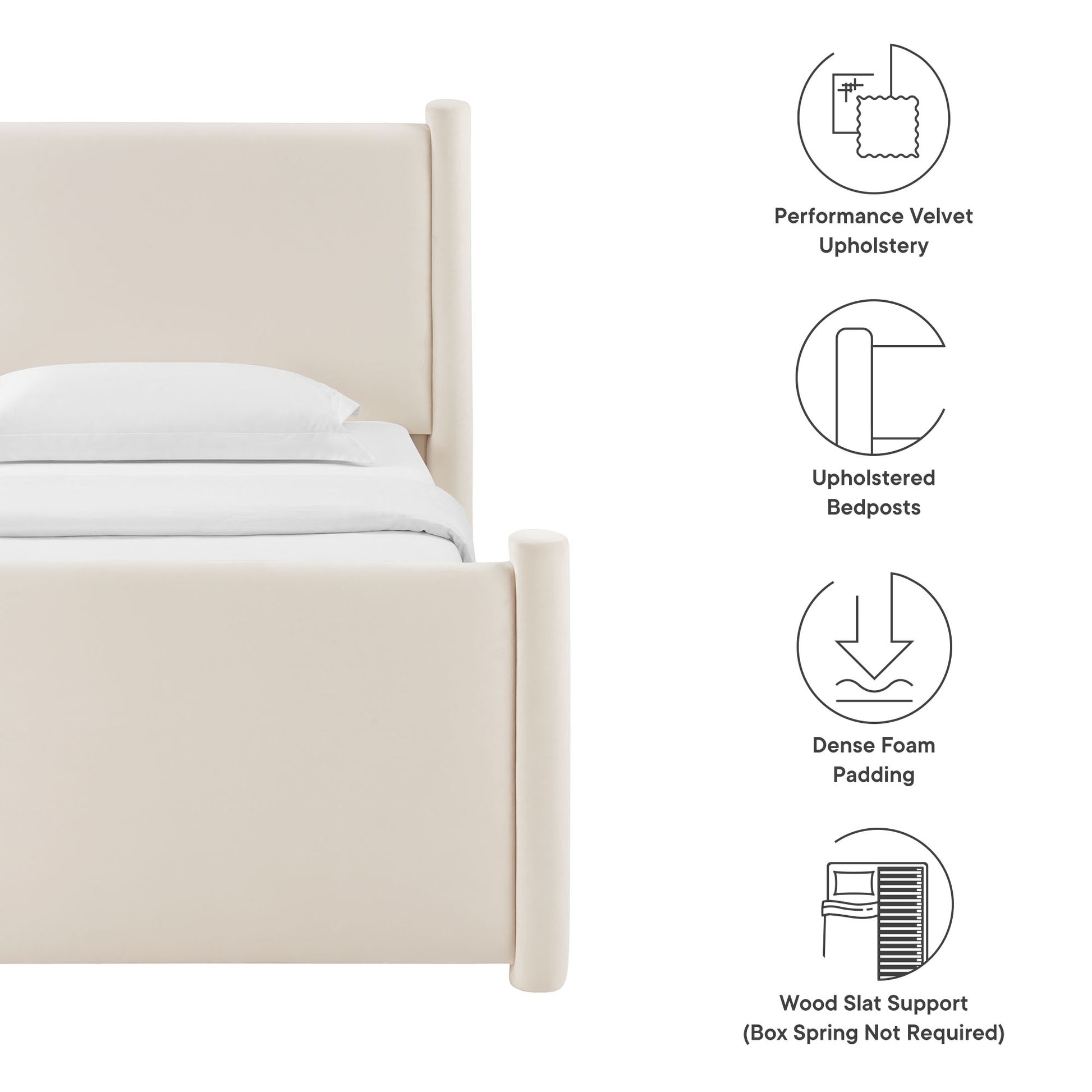 Ivory performance velvet upholstered bed frame with padded headboard and rounded posts, wood slat support.