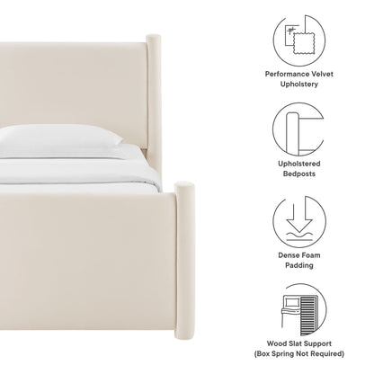 Ivory performance velvet upholstered bed frame with padded headboard and rounded posts, wood slat support.