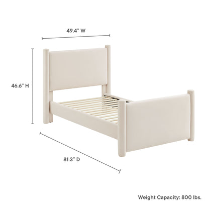 Cream upholstered bed frame with tall headboard and footboard, wooden posts, slatted base.