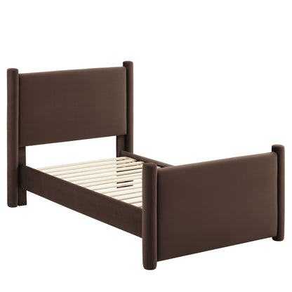 Brown velvet twin platform bed with a tall upholstered headboard.