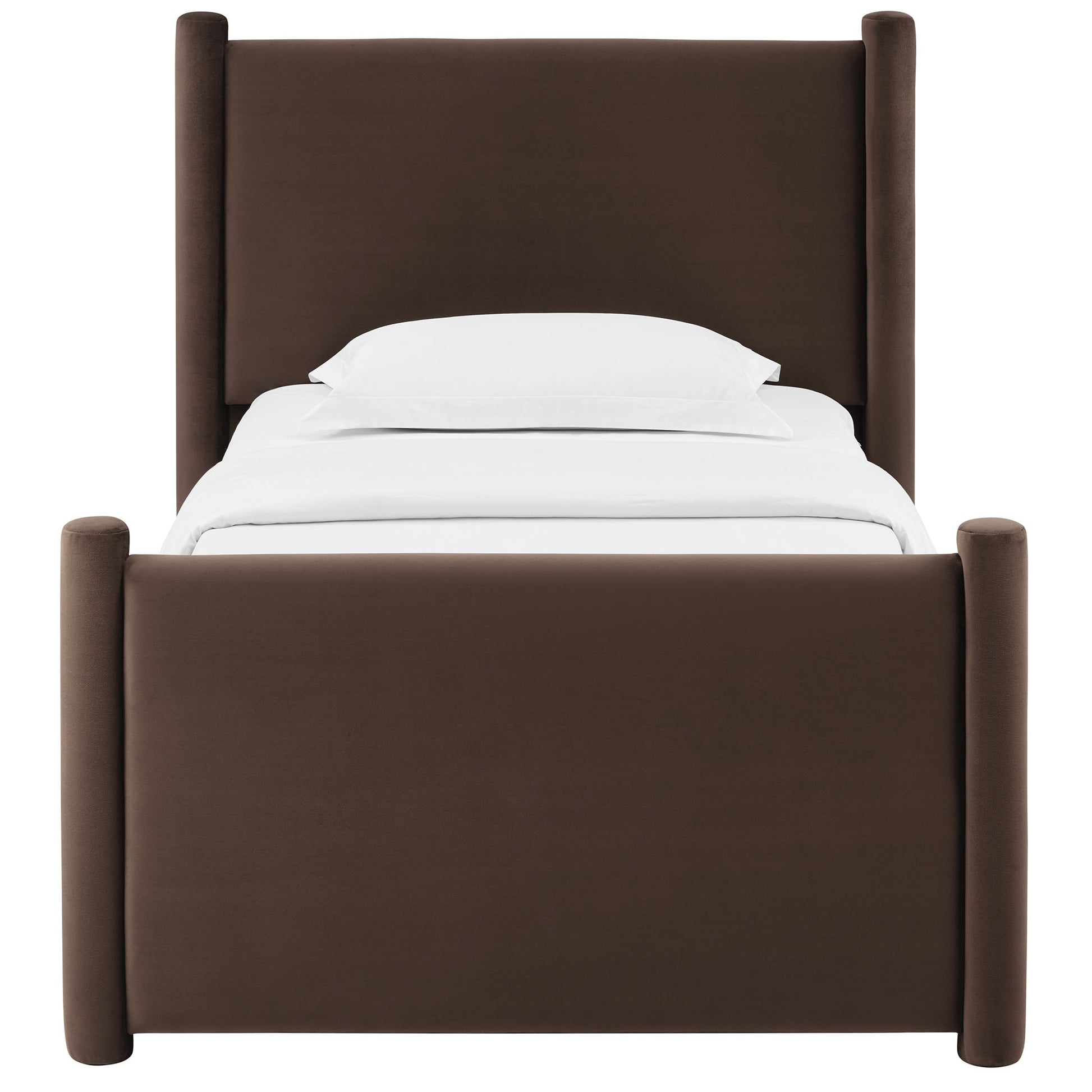 Brown upholstered platform bed with tall padded headboard & rounded posts, white bedding.