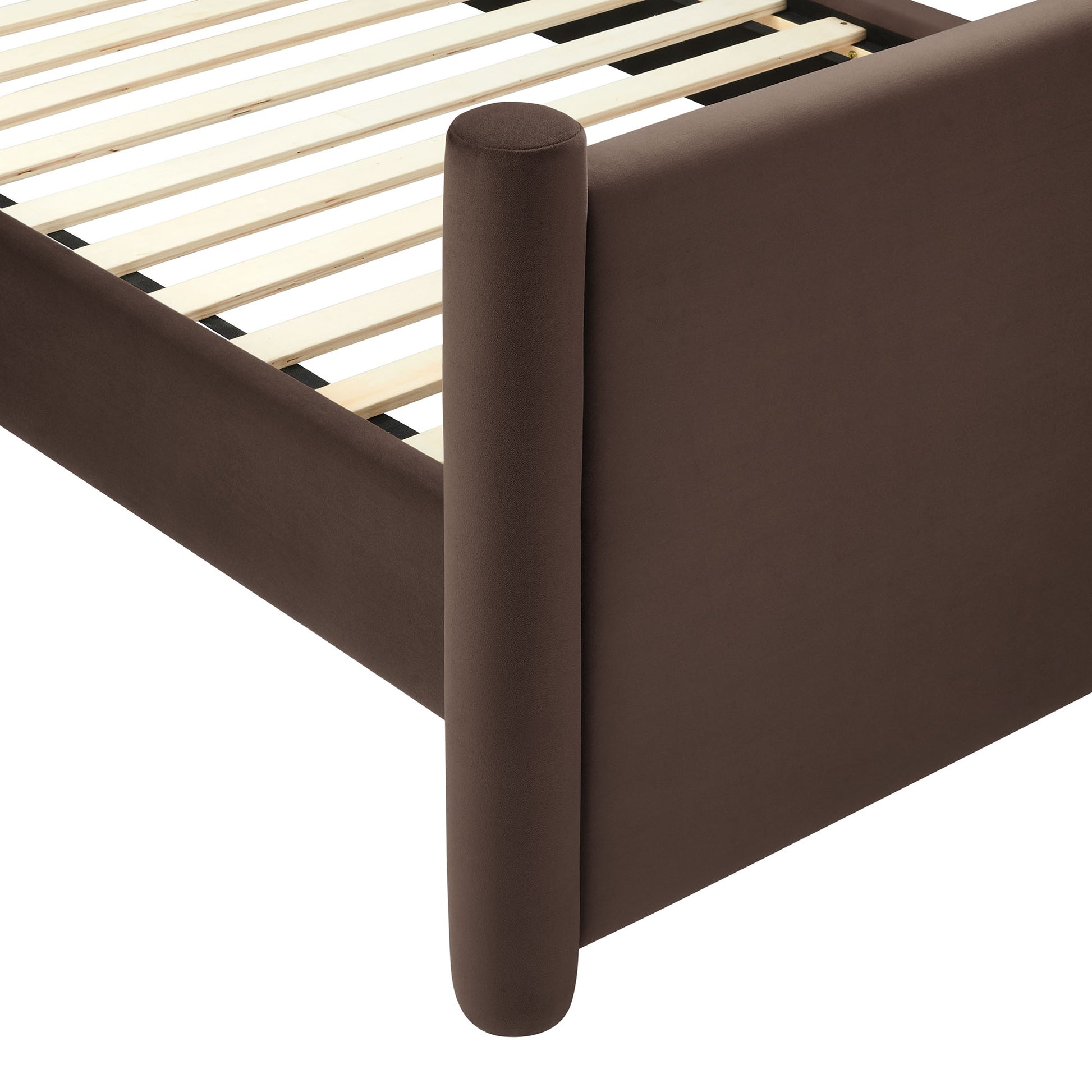 Brown upholstered platform bed frame with rounded cylindrical leg and wooden slats.